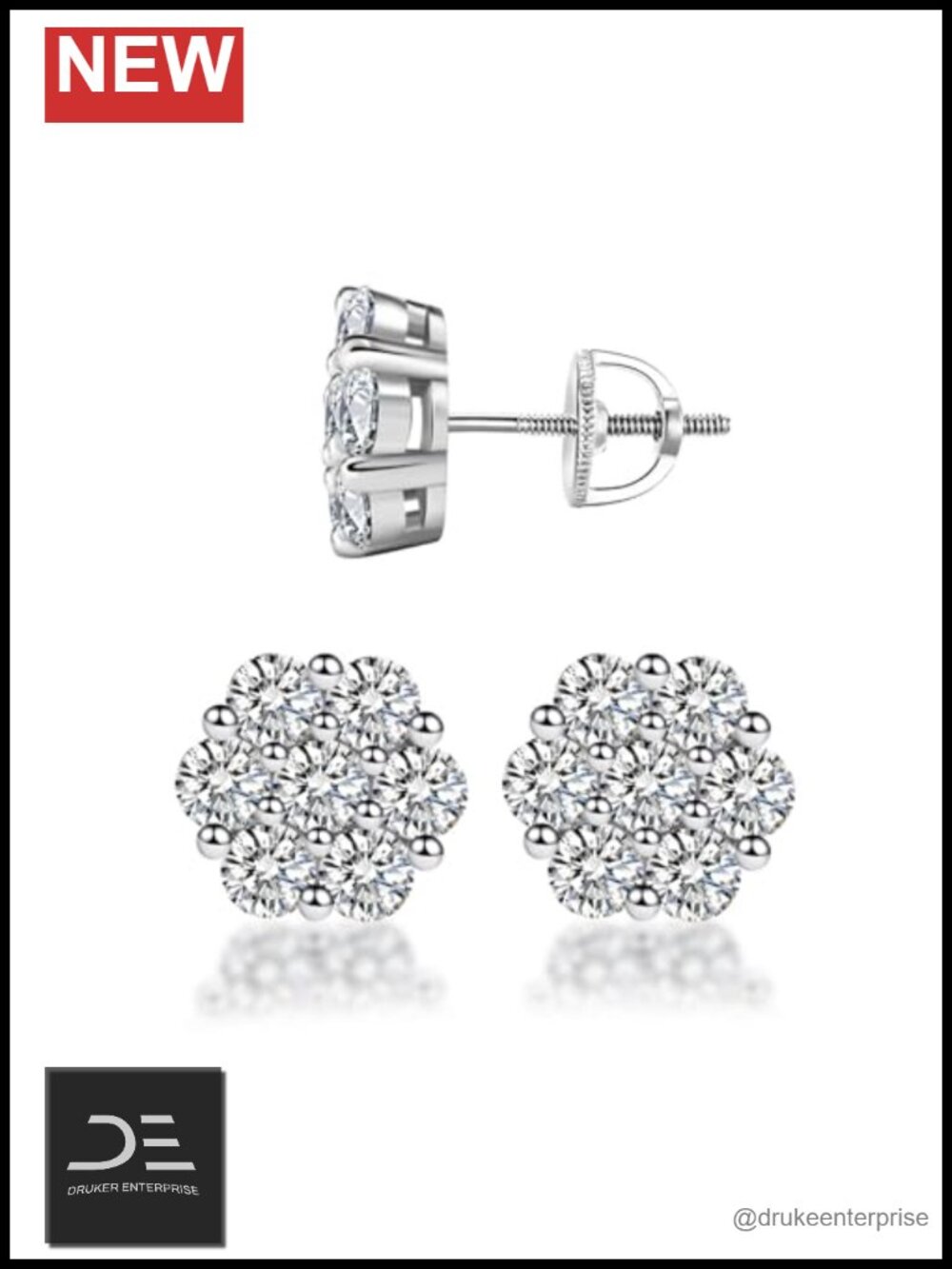 Moissanite Flower Cluster Stud Earrings 925 Sterling Silver 18K White Gold
